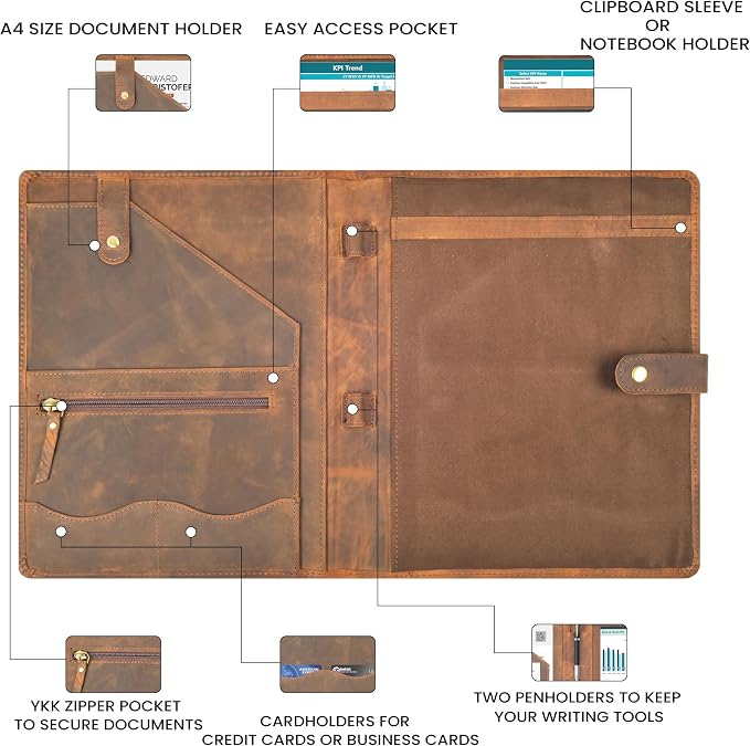 Leather Resume Portfolio Folder for Interview, Professional Padfolio Organizer Binder A4, Graduation & New Job Gift for Men Women – Brown