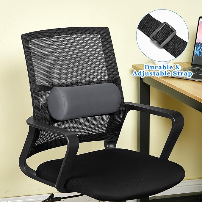Wenqik 2 Pcs Lumbar Roll Support Pillow Low Back Lumbar Support Office Seat Cushion with Adjustable Strap and Washable Cover for Travel Gaming Chair Car Seat Pain Relief(Grey)