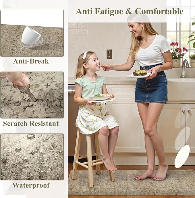 Collive Kitchen Mats for Floor 2PCS, Cushioned Anti Fatigue Rugs Non Slip Waterproof Kitchens Sink Rug, Vintage Floral Comfort Standing Mat for Laundry, Desk, Bar, Office, 17.3''x28''+17.3''x47''