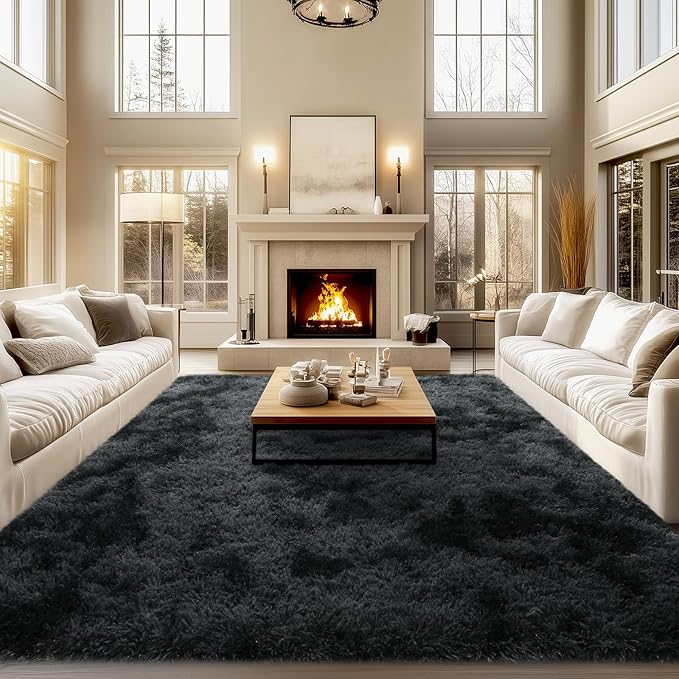 9x12 Area Rug for Living Room, Soft Fluffy Rug for Bedroom Shag Shaggy Large Carpet Black Grey, Fuzzy Plush Modern Carpet for Dorm Office Kid Room Home Decor (9ft x 12ft, Tie-Dyed Black Grey)