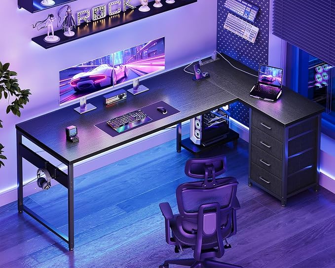 AODK 67" L Shaped Gaming Desk with 4 Drawers and Power Outlets, Black | USB Ports, PC Tower Stand, Hooks, Reversible Corner Layout for Gaming Rooms, Bedrooms and Home Office