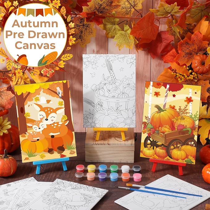 Blosssound 10 Set Fall Thanksgiving Pre Printed Canvas Autumn Pre Drawn Canvas Painting with Easel Kits 5" x 7" Outline Painting Panels for Beginners, DIY Craft Project, Home Decors