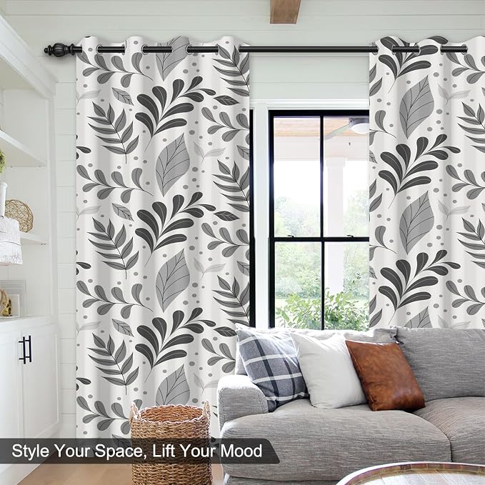 Blackout Curtains for Bedroom and Living Room, Grey Leaves Patterned Grommet Thermal Insulated Room Darkening Bedroom Curtains 2 Panels Set, Light Filtering Soundproof Black Out Curtains 84 Inch Long