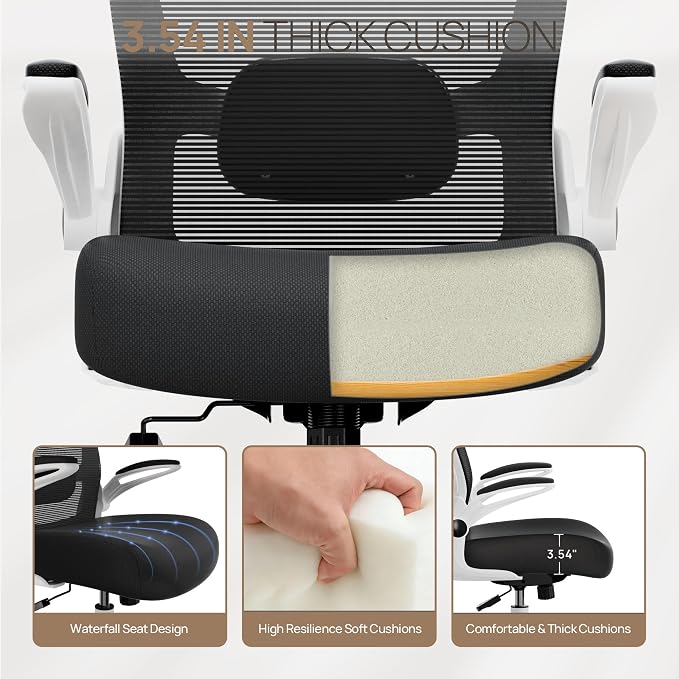 Mimoglad Ergonomic Office Chair - Desk Chair with Flip-up Armrests & 135° Recline, Adjustable Lumbar Support - Space-Saving Task Chair for Business/Team Office & Home (White Frame-Black, 300lbs) | Supports 300 lbs · Seat 19.48"–23.4" · Breathable mesh ...