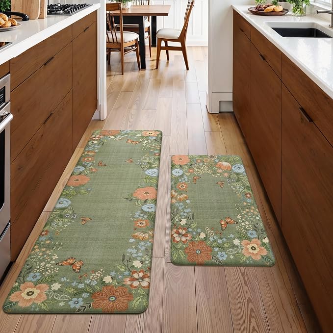 GENIMO Anti Fatigue Kitchen Mats for Floor 2PCS, Cushioned Standing Mats | 17.3"x59"&17.3"x30", Natural Green vintage floral rug set, waterproof, non slip, easy-clean for farmhouse