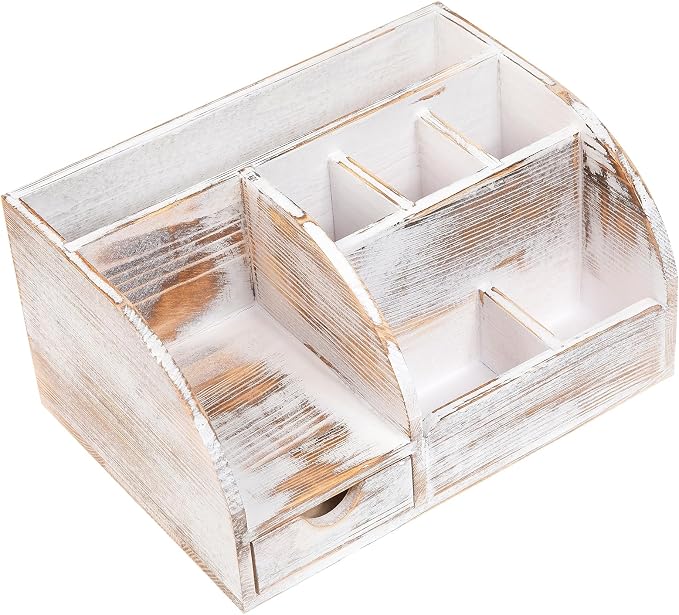 Office Desk Drawer Supply Organizer and Accessories, Wood Desk Organizer with 6 Compartments & 1 Drawer Binders Folder Papers Holder Pen Holder Office Desktop File Organizer (Washed white)