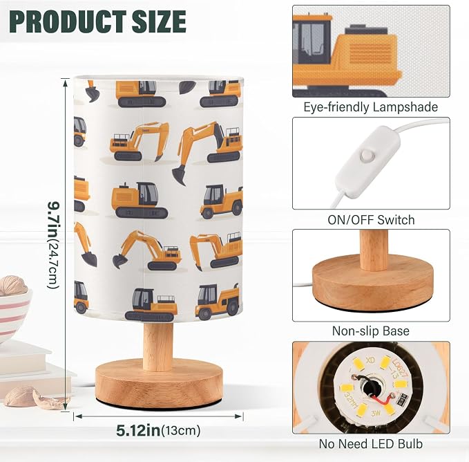 Table Lamp Cute Excavator Construction Car Pattern Nightstand Lamp with Wood Base Fabric Lamp Shade Bedside Desk Lamp for Living Room Bedroom Kids Room Office