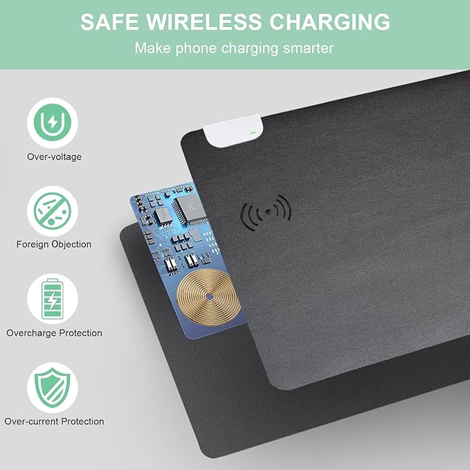 Large Desk Pad with Wireless Charger, Dual Side PU Leather Desk Mat on Top of Desks, Black Mouse Pad Desk Protector Mat, Waterproof Keyboard Mouse Mat for Gaming Computer Desktop Cover 31.5"x12.6"