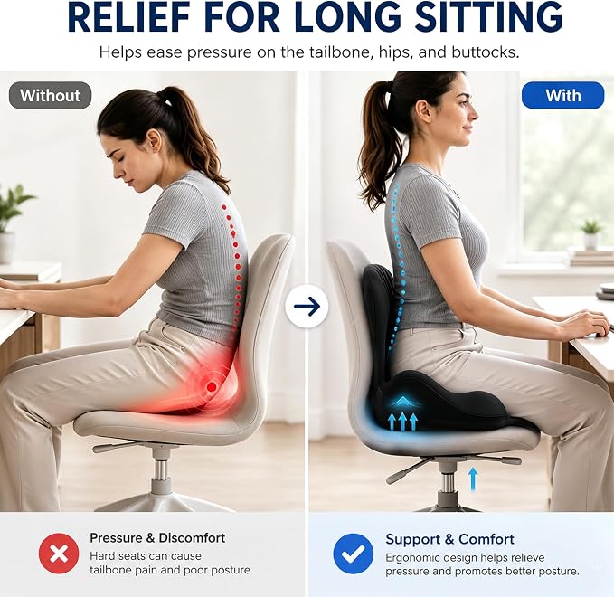 Non-Slip Ergonomic Seat Cushion for Office Chair, High-Density Memory Foam Desk Chair Cushions with Lumbar Support & Tailbone Pain Relief, Breathable Two-Tone Butt Pillow for Car, Gaming Chair - Black