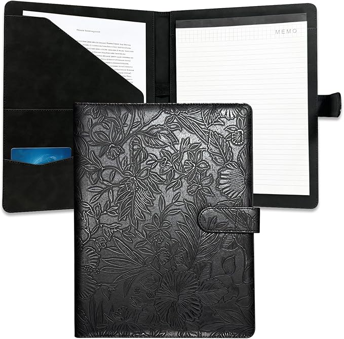 Portfolio Padfolio Binder, Faux Leather Professional Document Organizer with Business Card Holder, Letter-Sized Notepad Legal Pad Holder, Durable Executive Folder for Interviews, Meeting (Black)