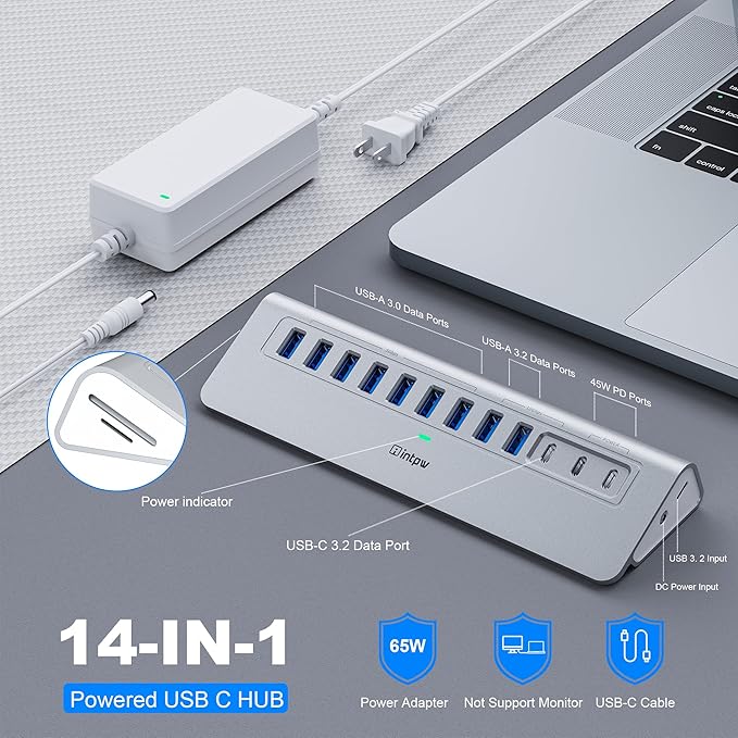 YH9AC Plus Powered USB Hub 10Gbps, 14 Port USB 3.2 Hub(USB A/USB C 3.2+7 USB-A 3.0+2 PD 45W Fast Charging Ports+SD/TF Card Reader), 65W Power Adapter,Aluminum USB HUB for PC,Laptop,iPhone 17/16