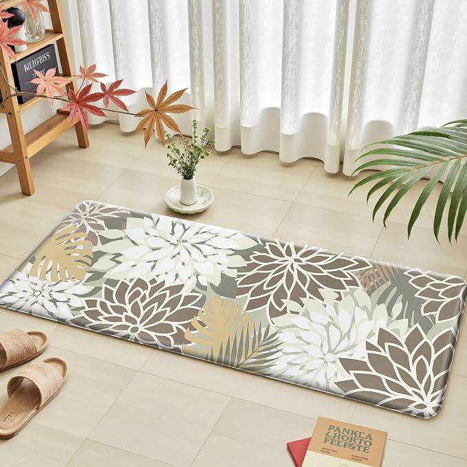 Arenarug Kitchen Mats for Floor 2PCS Cushioned Anti Fatigue Waterproof Non Slip Kitchen Mat Rug Set Comfort Foam Standing Mat for Sink, Laundry, Office,17.3" x 28" + 17.3" x 59", Brown White