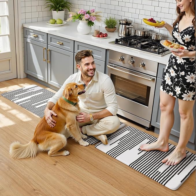 KIMODE Anti Fatigue Mats for Kitchen Floor,Farmhouse Kitchen Rugs Sets of 2 | 17"x47"+17"x29" Cushioned Kitchen Floor Mat Non Skid,Memory Foam Kitchen Mat for Laundry Office Sink Desk Black Lines Decor