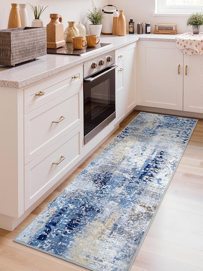 Macgace Washable Abstract Runner Rug, 2x6 Modern Area Rugs with Non-Slip Rubber Backed for Kitchen, Thin but Soft Contemporary Carpet Bedroom Entryway Hallway Decor, Midnight Blue