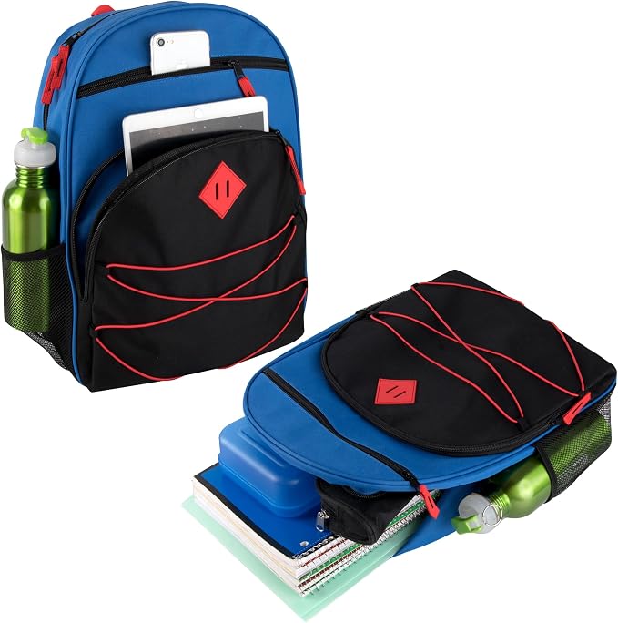 Trail maker Kids Backpacks with School Supplies for Boys, Girls | 30 Piece Back to School Supplies Set with 17" Bungee Backpack (Blue & Black)