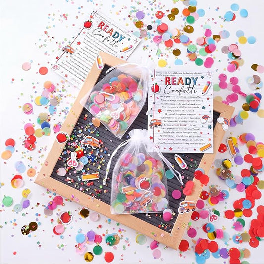 AmazingSpark 24 Sets Ready Confetti Back to School Supplies Magic Jitter Glitter with Poem Cards Organza Bags First Day of School Confetti Anxiety Relief Favor Gifts for Teachers(Cute)