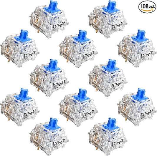 Zhouwang 108PCS Crystal Blue Clicky Mechanical Keyboard Switches,3-Pin Hot-Swappable Pre-Lubricated Switches with 3 Kailh Switches,Crisp Click Sound,for Gaming Keyboards & 3D Print Accessories