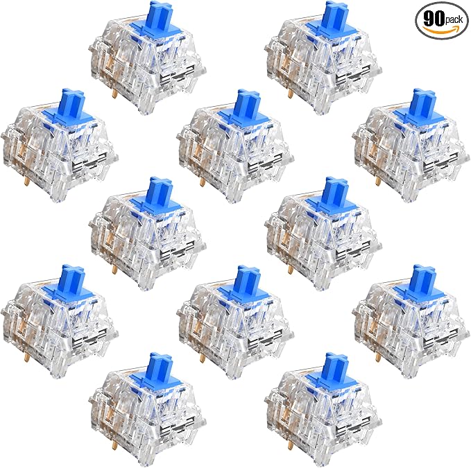 Zhouwang 90PCS Crystal Blue Clicky Mechanical Keyboard Switches,3-Pin Hot-Swappable Pre-Lubricated Switches with 2 Kailh Switches,Crisp Click Sound,for Gaming Keyboards & 3D Print Accessories