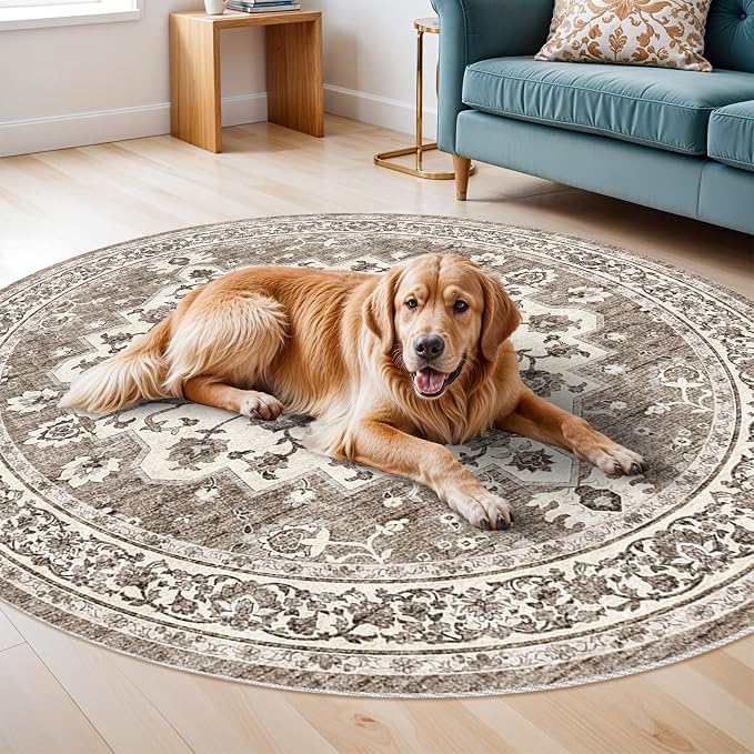 TOPRUUG Washable Oriental Area Rug - 8ft Round Rugs for Living Room Soft Carpet for Bedroom Waterproof Floral Distressed Indoor Stain Resistant Non-Shedding Floor Carpets (Beige, 8ft-Round)