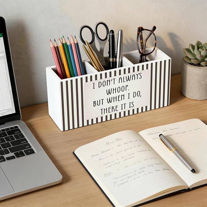 Striped Funny Wooden Pen Holder for Desk, Funny Desk Decor Accessories, I Don't Always Whoop Sarcastic Pencil Organizer Wooden Box Sign for Home Office Decoration