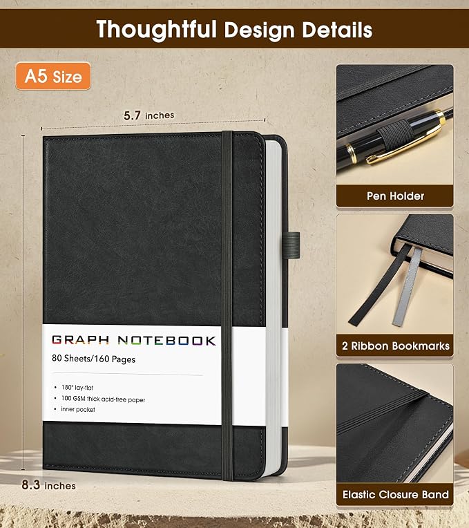 A5 Leather Hardcover Graph Paper Notebook, 160 Pages (5 Squares/Inch), 180° Lay-Flat Binding, 100 GSM Thick Paper, for Math, Engineering, Students & Technical Work (Black)