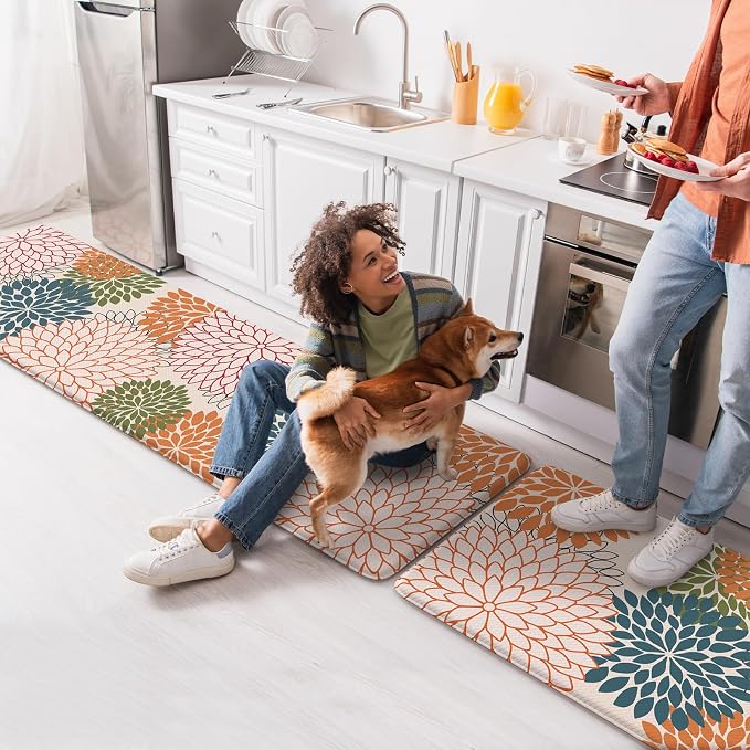 KIMODE Kitchen Rugs and Mats Cushioned Anti Fatigue 2PCS Standing Mat | 17"x59"+17"x29",Boho Floral,Non-Skid,Waterproof,Kitchen Runner Rug,Comfort Foam Paded Mat for Floors Office Laundry Sink