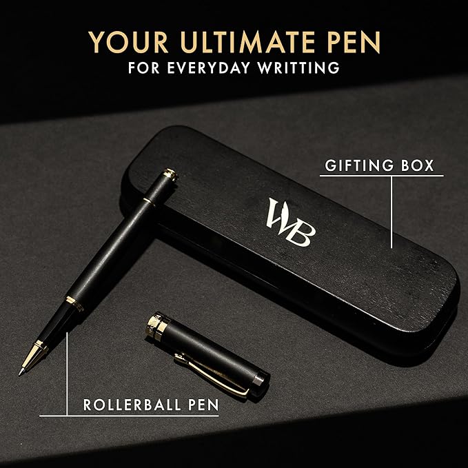 Wordsworth and Black Rollerball Pen-Stunning Luxury Pen Bamboo Blackwood Gold Finish, Refillable, Best Roller Ball Gift Set Pen for Men & Women, Ink Refill, Point Office Pens for Writing