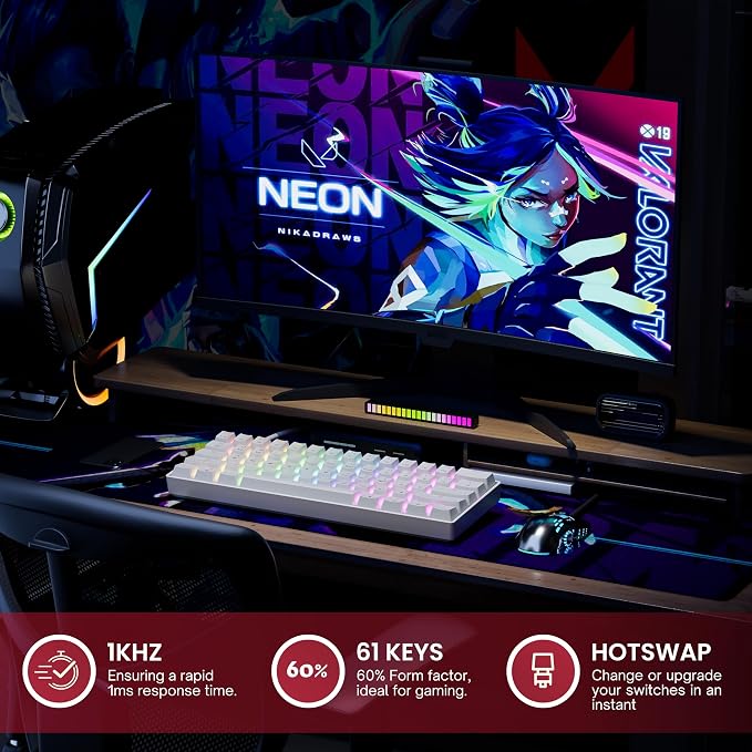 HK GAMING GK61 Mechanical Gaming Keyboard - 61 Keys Multi Color RGB Illuminated LED Backlit Wired Programmable for PC/Mac Gamer (Gateron Optical Yellow, White)