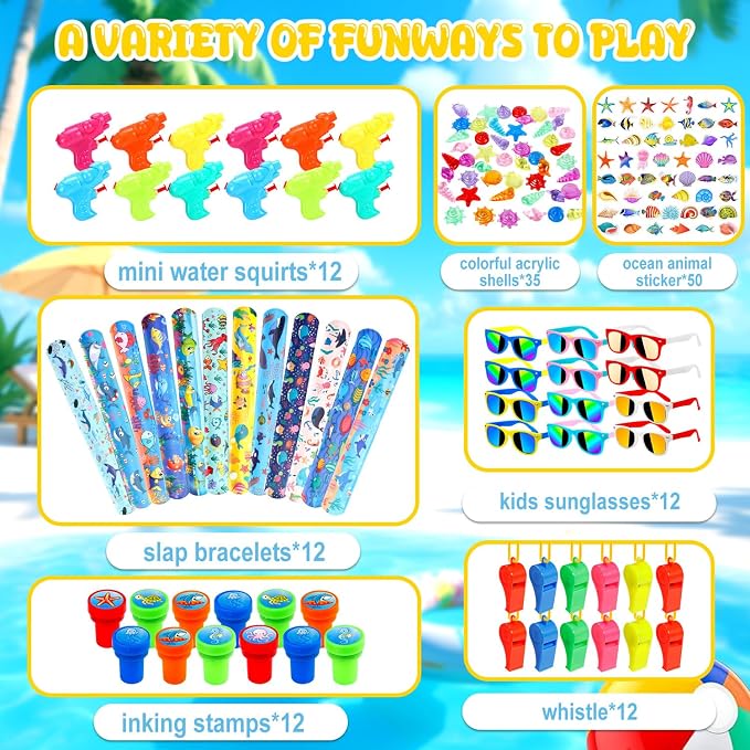 182 Pcs Pool Party Favors Beach Party Favors, Summer Goodie Bag Stuffers for Kids 3-8 8-12 with Beach Balls, Sunglasses, Water Balls for Summer Birthday Party Favors