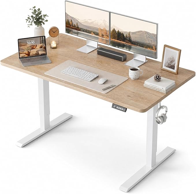 Grandder 47x32 Large Electric Standing Desk, Height Adjustable Computer Desk with 2 Memory Presets, 31.5" Deep Desktop Sit Stand Desk Home Office Desk Workstation Table with Hooks, Maple