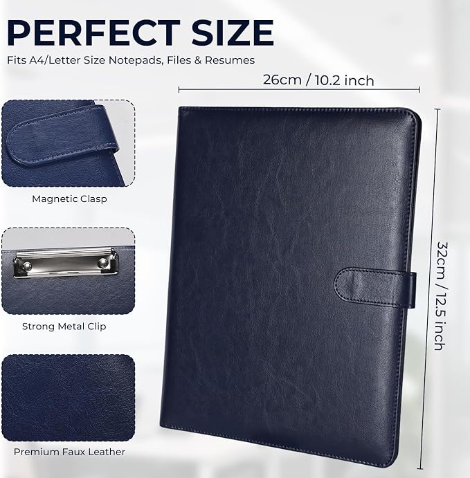 Professional Padfolio with Clipboard, Faux Leather Portfolio Folder Binder, Legal Pad Holder for A4 Letter Size Notepad, Resume, Writing Pad, Ideal Organizer for Business Office Conference (Blue)