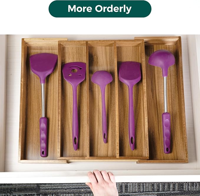 Utoplike Acacia Kitchen Drawer Organizer Expandable, Utensils Cutlery Tray | Large Silverware Divider for Knives, Flatware, Knives in Kitchen, Bedroom, Living Room, Adjustable 3-5 Slots