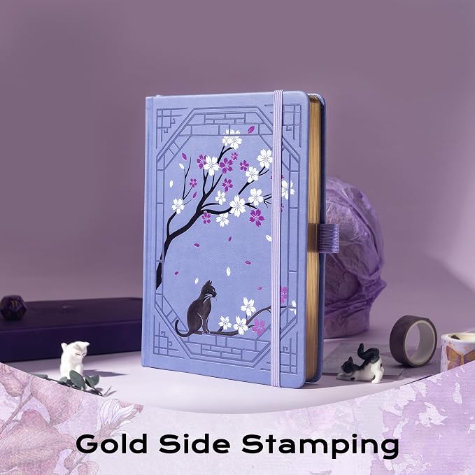 TIEFOSSI A5 Lined Journal, Cute Cat Journal for Women Girls, College Ruled Notebook with Pretty Sakura Pattern, Aesthetic Diary for Writing Journaling Drawing, Golden Edges