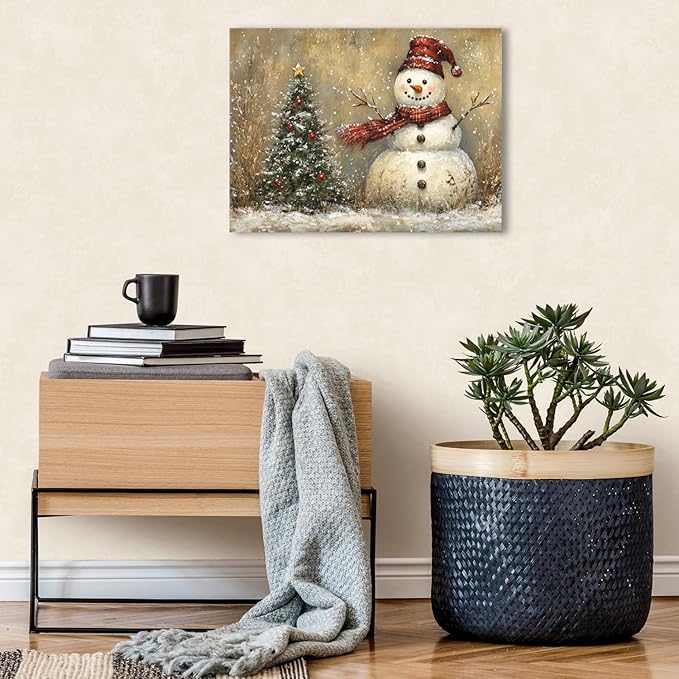 Rustic Christmas Wall Decor Pine Tree Snowman Picture for Living Room Retro Christmas Tree Poster Bedroom Abstract Snowy Winter Scene Canvas Prints Painting Holiday Artwork Xmas Home Decoration 12x16"
