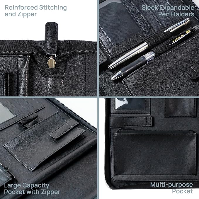 POPRUN Padfolio Portfolio with Handle, PU Leather Business Organizer Binder with 50 Sheet Notepad, Tablet Document Card Holder for Meeting Interview Office, Black