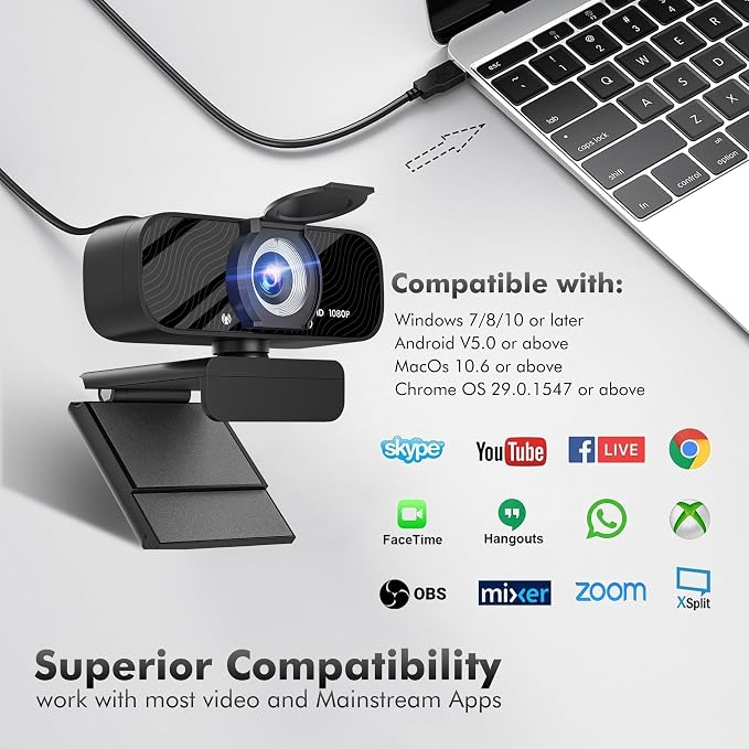 Gozvrpus USB HD Webcam with Built-in Microphone and Rotatable Tripod, 1080P Video, Wide Angle Camera, Privacy Cover, for Desktop PC or Laptop Computer - 1（Black）
