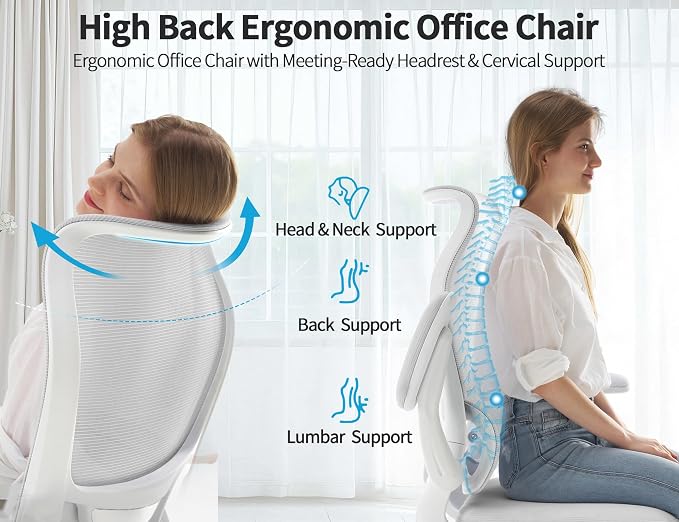 TRALT Ergonomic Office Chair- Desk Chair with Adjustable Lumbar Support | Big and Tall Back Ergonomic Desk Chair - Home Office Mesh Chairs and PU Leather Seat for Home Reading to Adults(White)