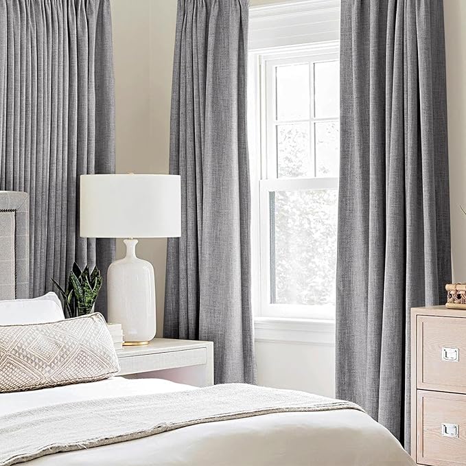 MIULEE Linen Textured 90 Inches Curtains for Bedroom 100% Blackout Thermal Insulated Grey Curtains Grommet Room Darkening Luxury Decor for Living Room 52 x 90 Inch (2 Panels)