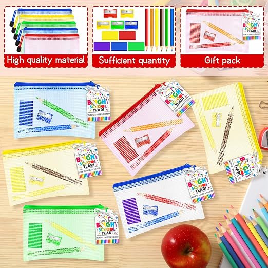 181 Pcs Back to School Gift Include 60 Colorful Pencils 30 Eraser 30 Mesh Zipper Pouch Bags and 30 Pencil Sharpener 30 Sheets Cards Set with Ribbon Stationery Favors for Classroom Exchange Gift