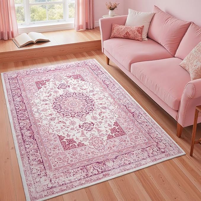 Macgace Bright Pink Area Rug for Girls Bedroom, 4x6 Machine Washable Rugs with Non-Slip Backing for Living Room, Cute Vintage Carpet for Kitchen Laundry Kids Room