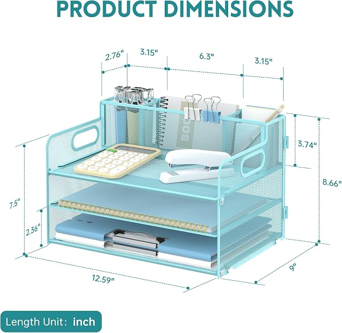 3-Tier Desk Organizer with Pen Holder and Handles, Paper Organizer, Blue | Desk Organizer and Paper Organizer for Desk with Pen Holder, Paper Trays and Handles for Files, Mail and Office Supplies