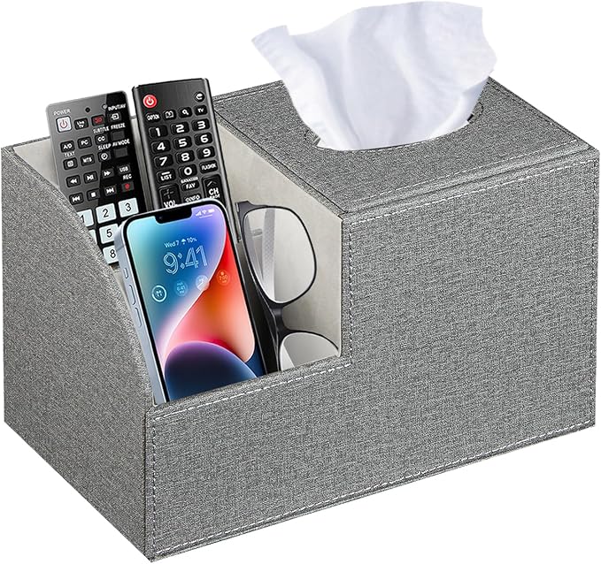 PU Leather Square Tissue Box Cover,Multi-Functional Tissue Cube Box Holder | Facial Tissue Box Cover with Storage,Tissue and Remote Control Holder,Cube Tissue Box Organizer Bedroom,Nightstand,End Table