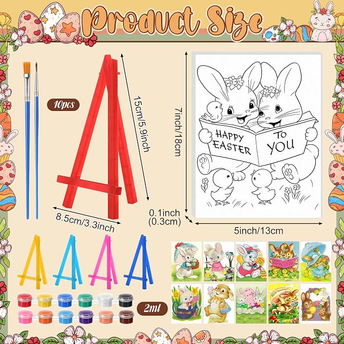 Blosssound 10 Set Easter Vintage Pre Printed Canvas Bunny Eggs Pre Drawn Canvas Painting with Easel Kits 5" x 7" Outline Painting Panels for Beginners, DIY Craft Project, Party Favor, Home Decors