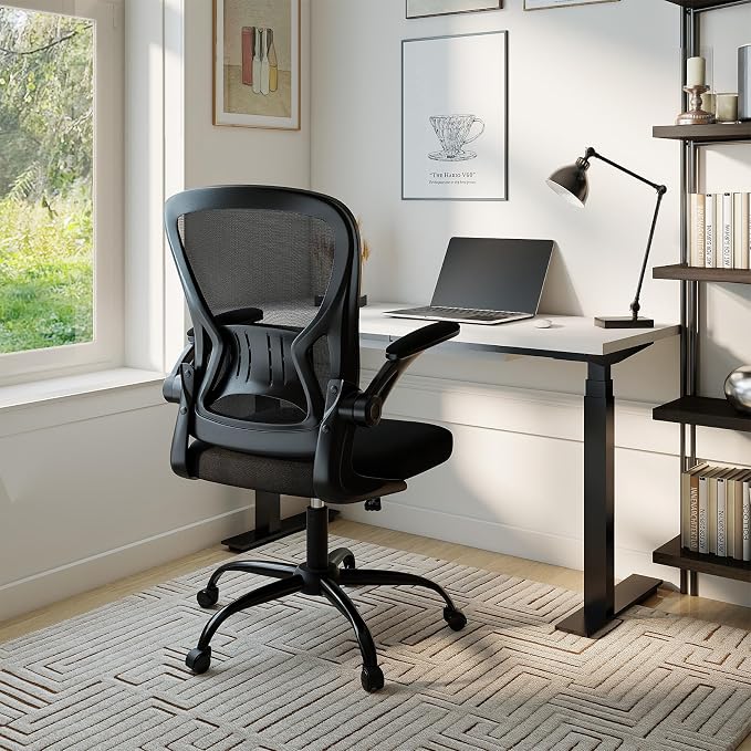 Youhauchair Adjustable Mesh Ergonomic Office Chair with Wheels, Black | Flip-up Arms, Lumbar Support, Home Desk Chair, Height Adjustable, Breathable, Mid Back Swivel Compurter Chair, Set of 1