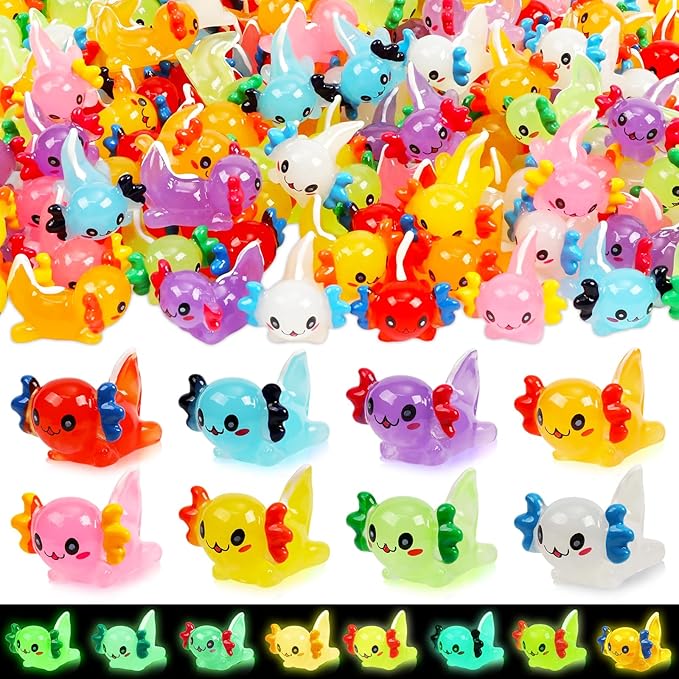 64PCS Luminous Mini Resin Axolotl 8 Colors Glow in The Dark Small Little Resin Axolot to Hide Bulk Miniature Plastic Animal Figures for Micro Landscape Dollhouse Fairy Garden Aquarium Potted DIY Decor