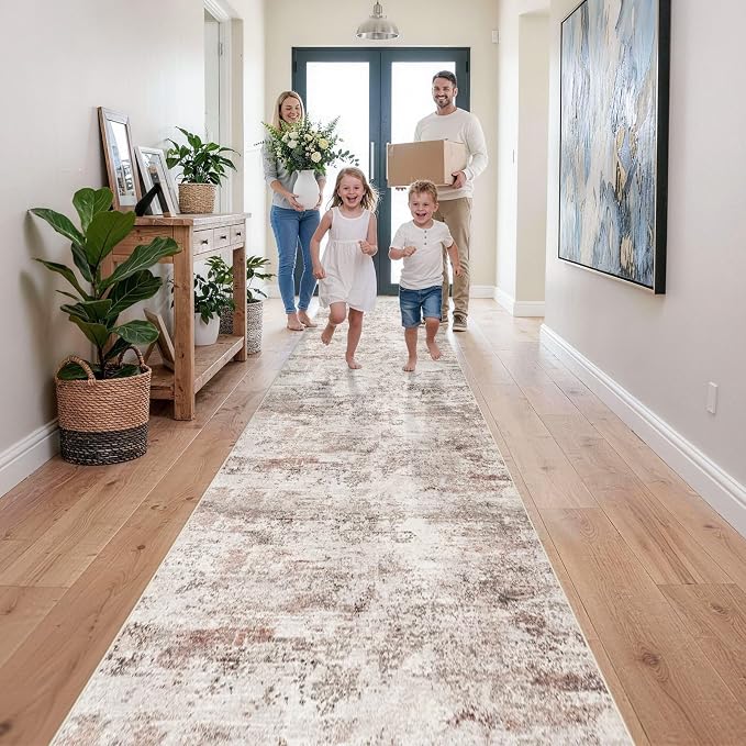 RUUGME Washable Hallway 3x25 Rug - Abstract Runner Rugs for Living Room Non Slip Indoor Entryway Carpet for Bedroom Kitchen Soft Low Pile Stain Resistant Floor Decor Mat 3x25 Brick/Brown/Beige