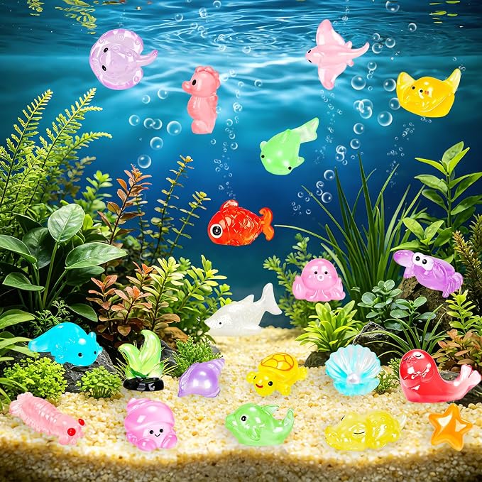 120PCS Luminous Mini Ocean Resin Animals 20 Style Glow in The Dark Tiny Sea Animal Figurines Miniature Plastic Animals Aquarium Decoration for DIY Crafts Fish Tank Potted Fairy Garden Dollhouse