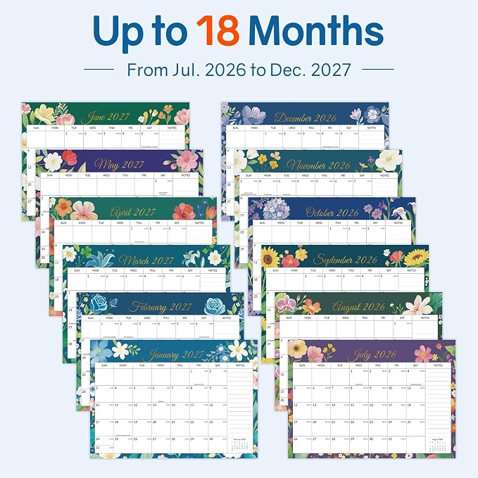 SUNEE Desk Calendar 2026-2027 17" x 12", 18 Month Calendar Jul. 2026 - Dec. 2027, Calendar 2026-2027 With Notes, for Planning, Organizing in Family, School or Office - Colorful Floral