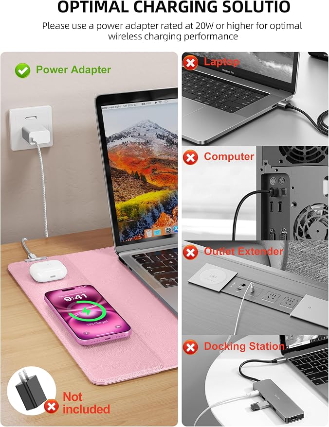 TopMade Mouse Pad with 15W Wireless Charging, XXL Large Leather Desk Mat, Waterproof Gaming Mousepad Home Office Desk Pad Protector, Computer Keyboard Pad, Mouse Mat for MacBook, PC, Laptop, Pink