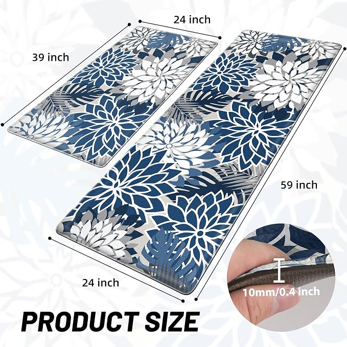 Arenarug Kitchen Mats for Floor 2PCS Cushioned Anti Fatigue Kitchen Mats Waterproof Non Slip Kitchen Mat Rug Set Comfort Foam Standing Mat for Sink, Laundry, Office, 24"x39"+24"x59", Blue Gray